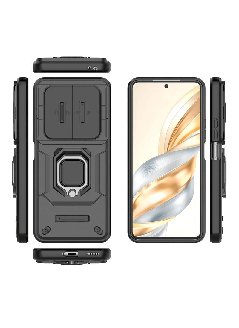 [1+2] for Honor X60 / Honor X9C Smart 5G Cover with Tempered Glass Screen Protector (2 Pcs), Mil-Heavy Duty Case with Slide Camera Protection and Kickstand Ring, Shockproof Anti-Scratch Case (Black)