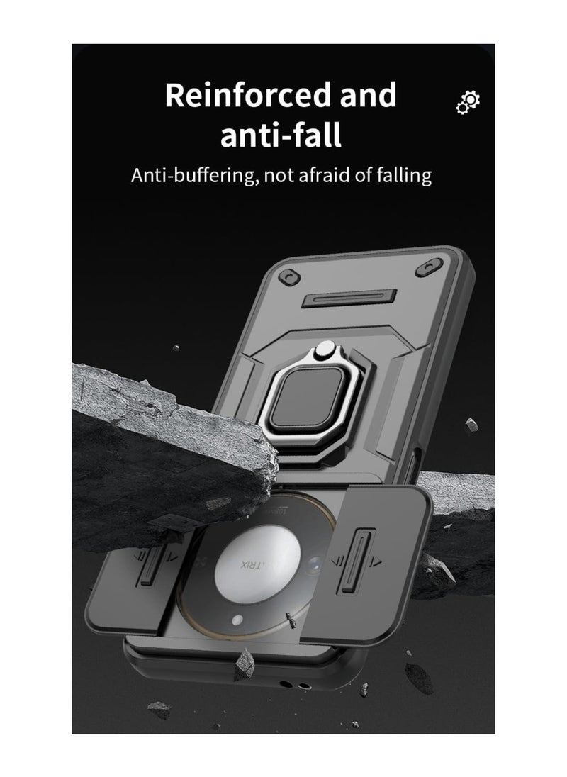 [1+2] for Honor X60 / Honor X9C Smart 5G Cover with Tempered Glass Screen Protector (2 Pcs), Mil-Heavy Duty Case with Slide Camera Protection and Kickstand Ring, Shockproof Anti-Scratch Case (Black)