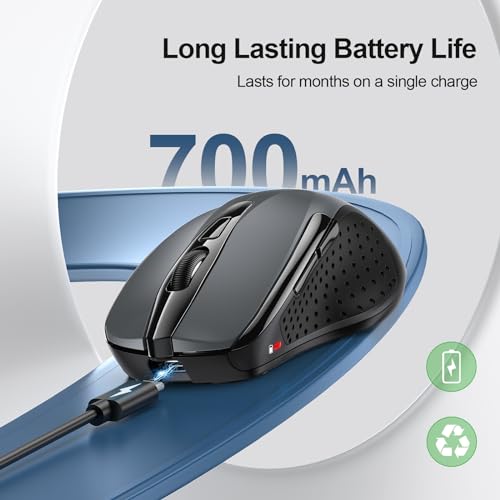 TECKNET ماوس تيكنيت اللاسلكي (BT5.0/3.0 و 2.4G) قابل لإعادة الشحن 4800 DPI صامت USB A وماوس بلوتوث 6 أزرار، توافق واسع - رمادي - Image 3
