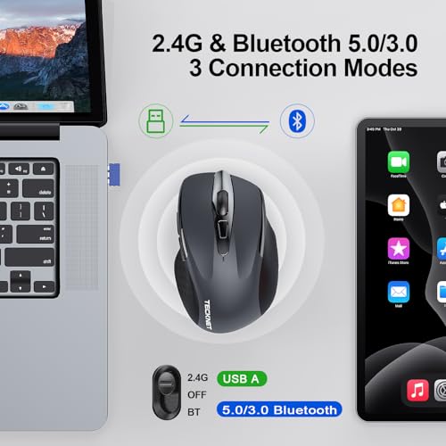TECKNET ماوس تيكنيت اللاسلكي (BT5.0/3.0 و 2.4G) قابل لإعادة الشحن 4800 DPI صامت USB A وماوس بلوتوث 6 أزرار، توافق واسع - رمادي - Image 2