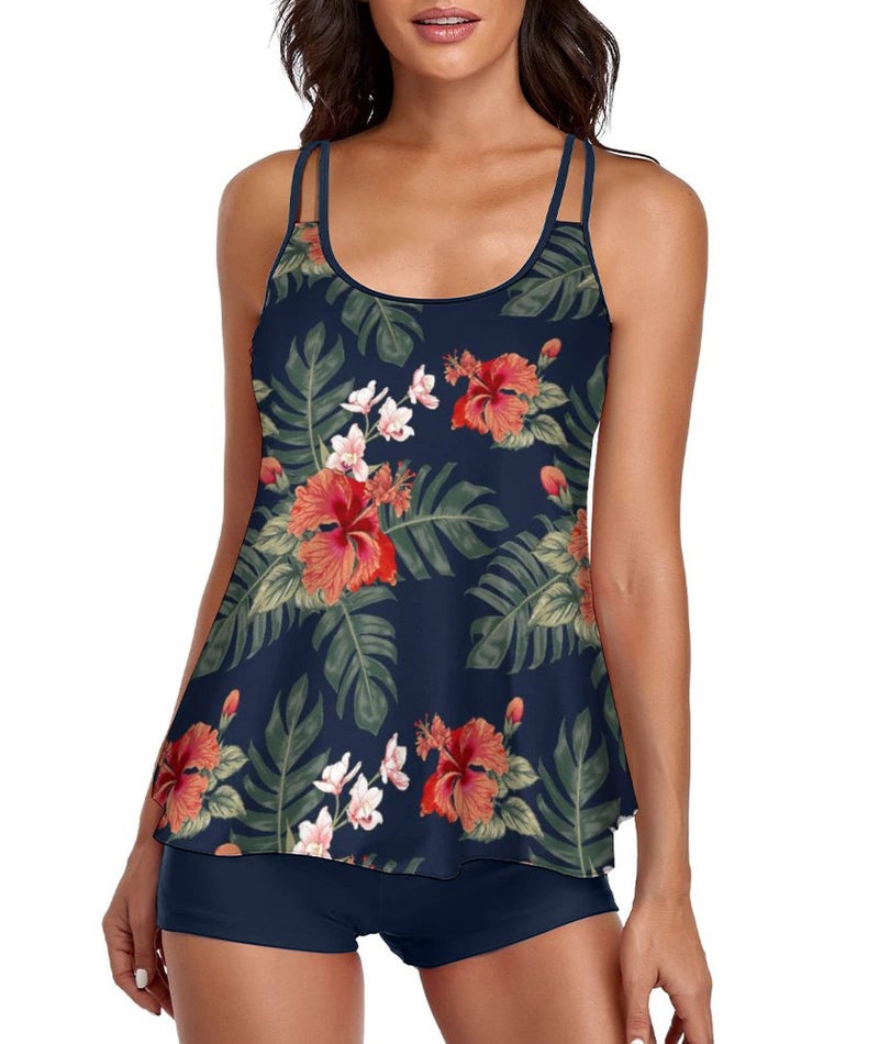 Urchics Womens 2025 Tankini Swimsuits Tummy Control Flowy Swimwear Two Piece Bathing Suits Swim Tank Top with Boyshorts Tropical Navy XL - Image 1