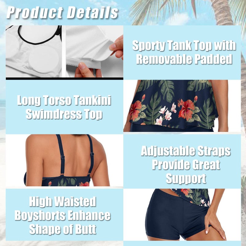 Urchics Womens 2025 Tankini Swimsuits Tummy Control Flowy Swimwear Two Piece Bathing Suits Swim Tank Top with Boyshorts Tropical Navy XL - Image 3