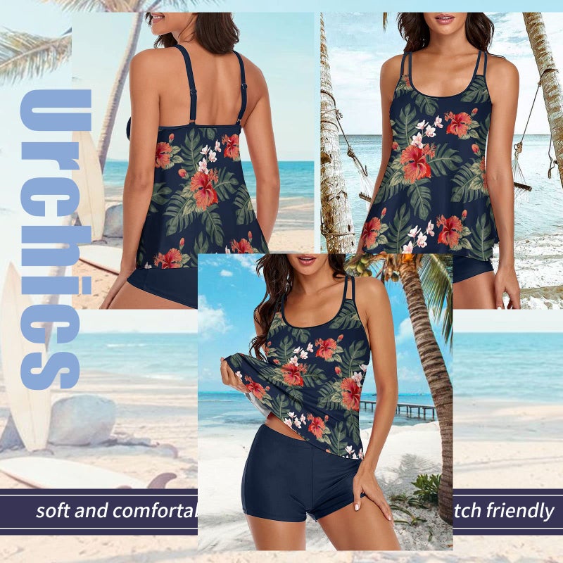 Urchics Womens 2025 Tankini Swimsuits Tummy Control Flowy Swimwear Two Piece Bathing Suits Swim Tank Top with Boyshorts Tropical Navy XL - Image 2