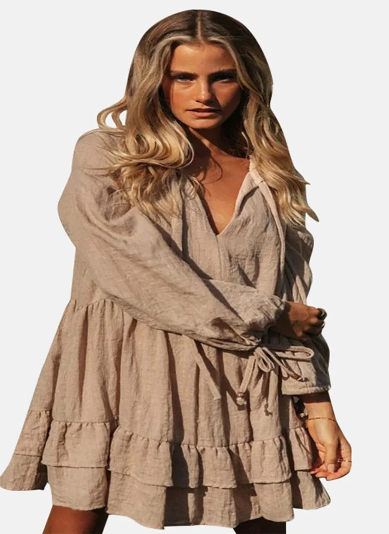YUNIQEE Beige Keyhole Neck Full Sleeve Mini Dress