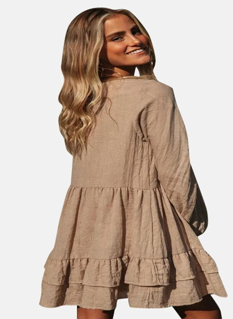 يونيكي Beige Keyhole Neck Full Sleeve Mini Dress