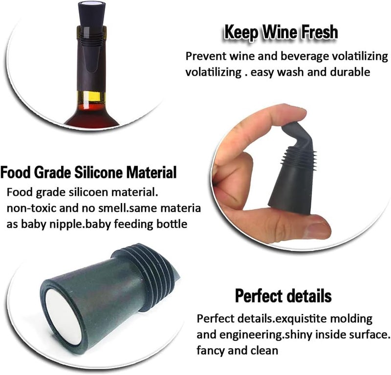 Iktu Wine Stoppers (Set of 5), Silicone Wine Bottle Stopper and Beverage Bottle Sealer Replacement with Grip Top for Cork to Keep The Wine Fresh - Black - Image 3