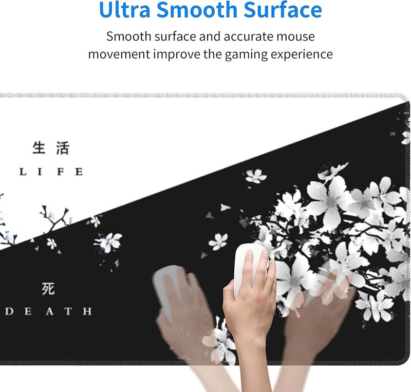 aportt Black White Cherry Blossom Mouse Pad Japanese Sakura Death Life Flower Extended Desk Mat 80X30 cm Non-Slip Rubber Base Stitched Edge Large XL Playmat for Keyboard Gaming Laptop Desktop,31.5×11.8 Inch - Image 4