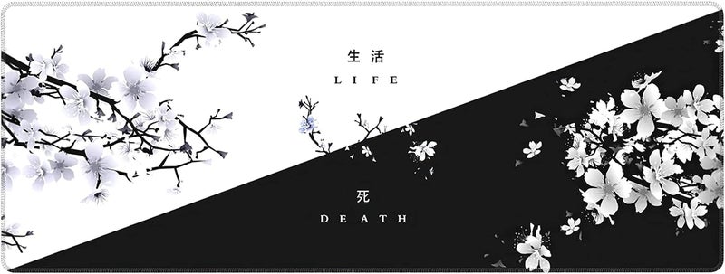 aportt Black White Cherry Blossom Mouse Pad Japanese Sakura Death Life Flower Extended Desk Mat 80X30 cm Non-Slip Rubber Base Stitched Edge Large XL Playmat for Keyboard Gaming Laptop Desktop,31.5×11.8 Inch - Image 1