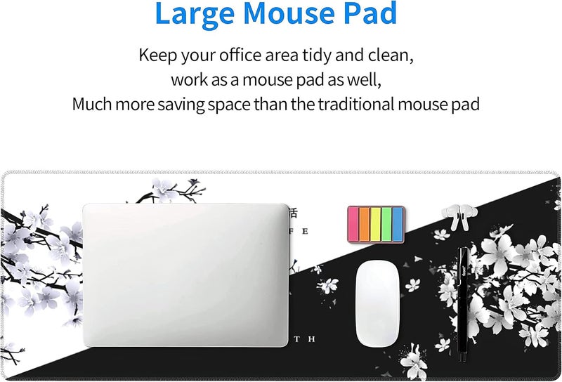 aportt Black White Cherry Blossom Mouse Pad Japanese Sakura Death Life Flower Extended Desk Mat 80X30 cm Non-Slip Rubber Base Stitched Edge Large XL Playmat for Keyboard Gaming Laptop Desktop,31.5×11.8 Inch - Image 5