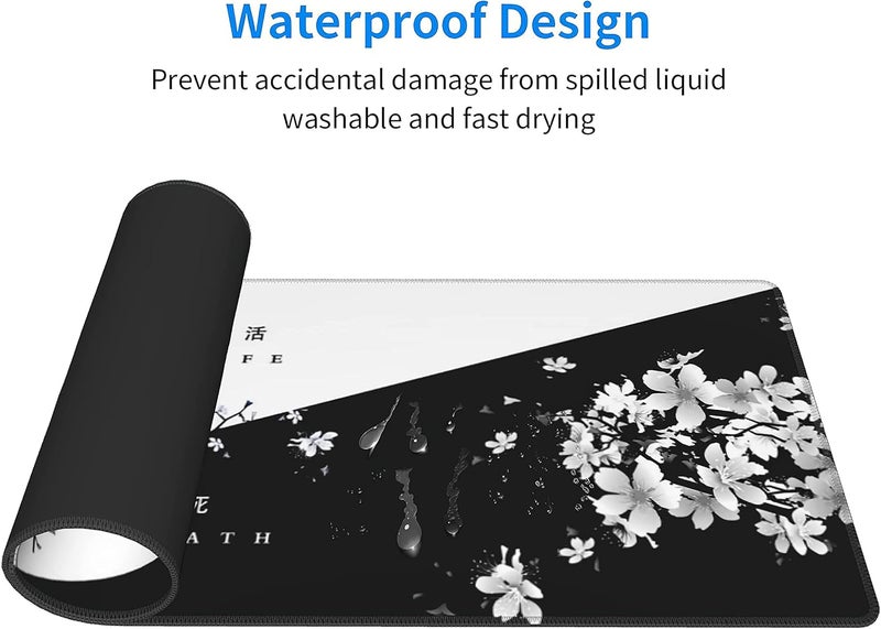 aportt Black White Cherry Blossom Mouse Pad Japanese Sakura Death Life Flower Extended Desk Mat 80X30 cm Non-Slip Rubber Base Stitched Edge Large XL Playmat for Keyboard Gaming Laptop Desktop,31.5×11.8 Inch - Image 3
