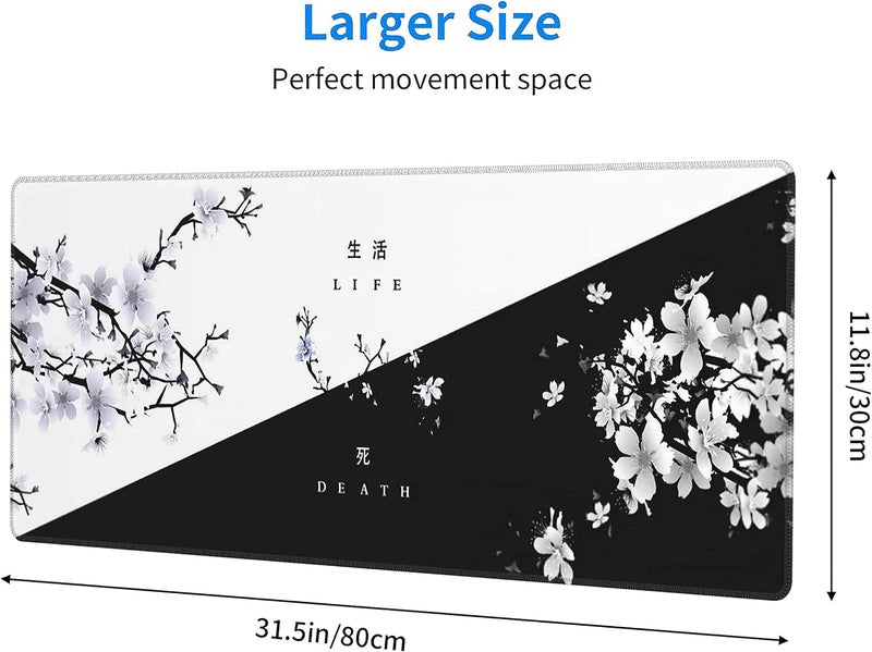 aportt Black White Cherry Blossom Mouse Pad Japanese Sakura Death Life Flower Extended Desk Mat 80X30 cm Non-Slip Rubber Base Stitched Edge Large XL Playmat for Keyboard Gaming Laptop Desktop,31.5×11.8 Inch - Image 2