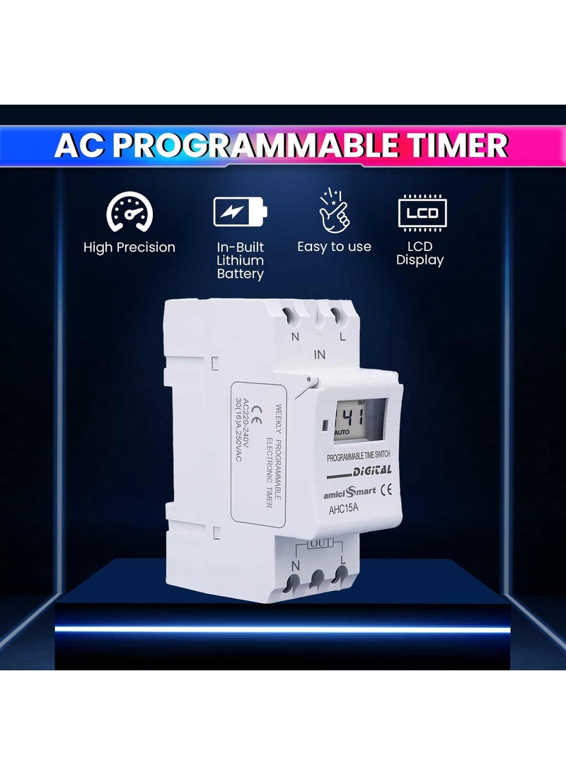 amiciSmart Digital Programmable Timer Switch Relay inBuilt 7 Days Schedule DIN Rail Mounted 30A DC 12V
