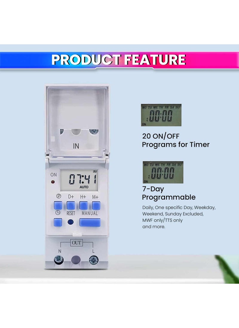 amiciSmart Digital Programmable Timer Switch Relay inBuilt 7 Days Schedule DIN Rail Mounted 30A DC 12V