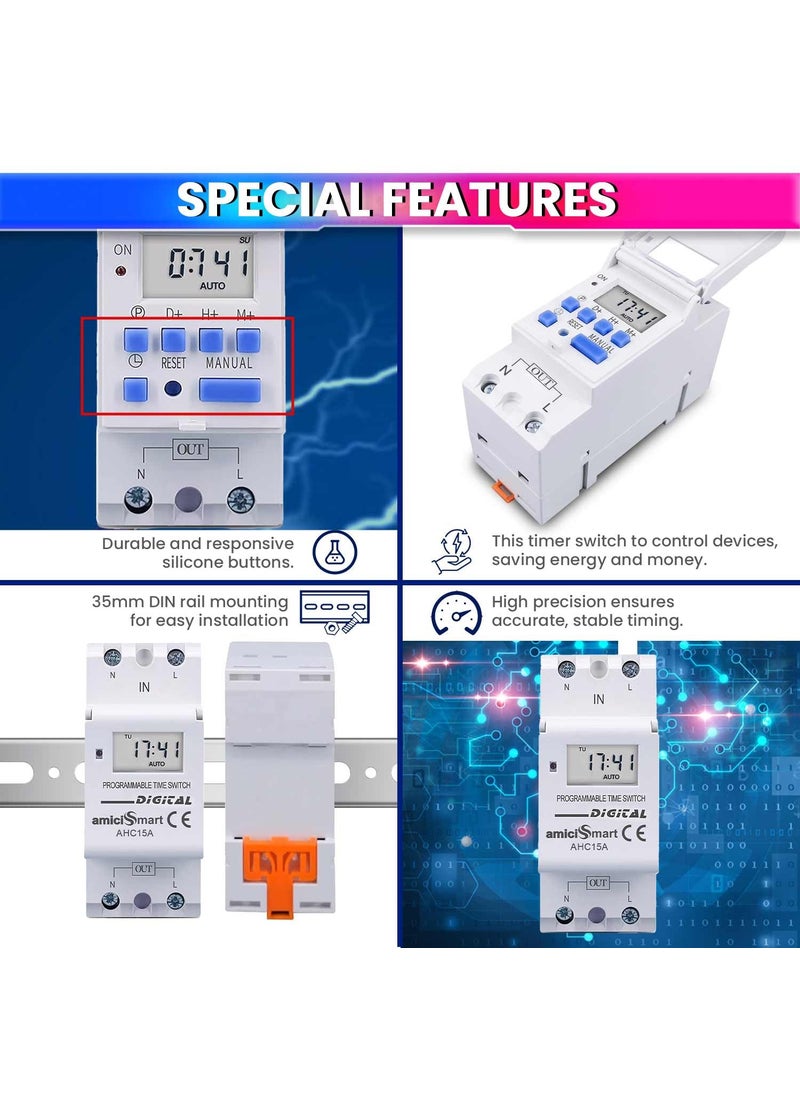 amiciSmart Digital Programmable Timer Switch Relay inBuilt 7 Days Schedule DIN Rail Mounted 30A DC 12V