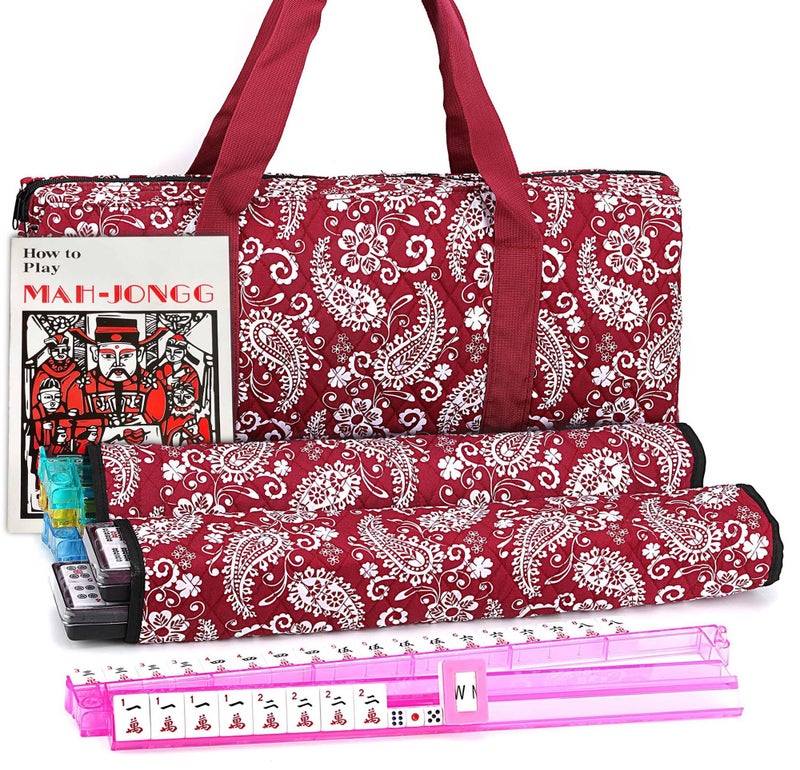 Mose Cafolo American Mahjong Game Set, Red Paisley Carrying Bag,166 Premium White Tiles, All-in-One Color Rack/Pushers, Chips,Wind Indicator, English Manual,Complete Mah jongg, Mahjong Tiles Set - Image 1