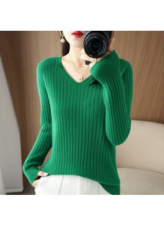 Spring 2025 Womens Wool-Blend Sweater V-Neck Solid Color Ribbed Pullover Base Knitted Top Smooths Your Silhouette Emerald