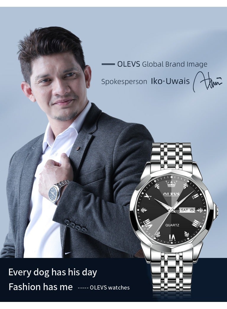 أوليفز ساعة يد فاخرة للرجال بحركة كوارتز من الفولاذ المقاوم للصدأ والماء، ومزودة بخاصية عرض التاريخ مضيئة بلونين - Image 5