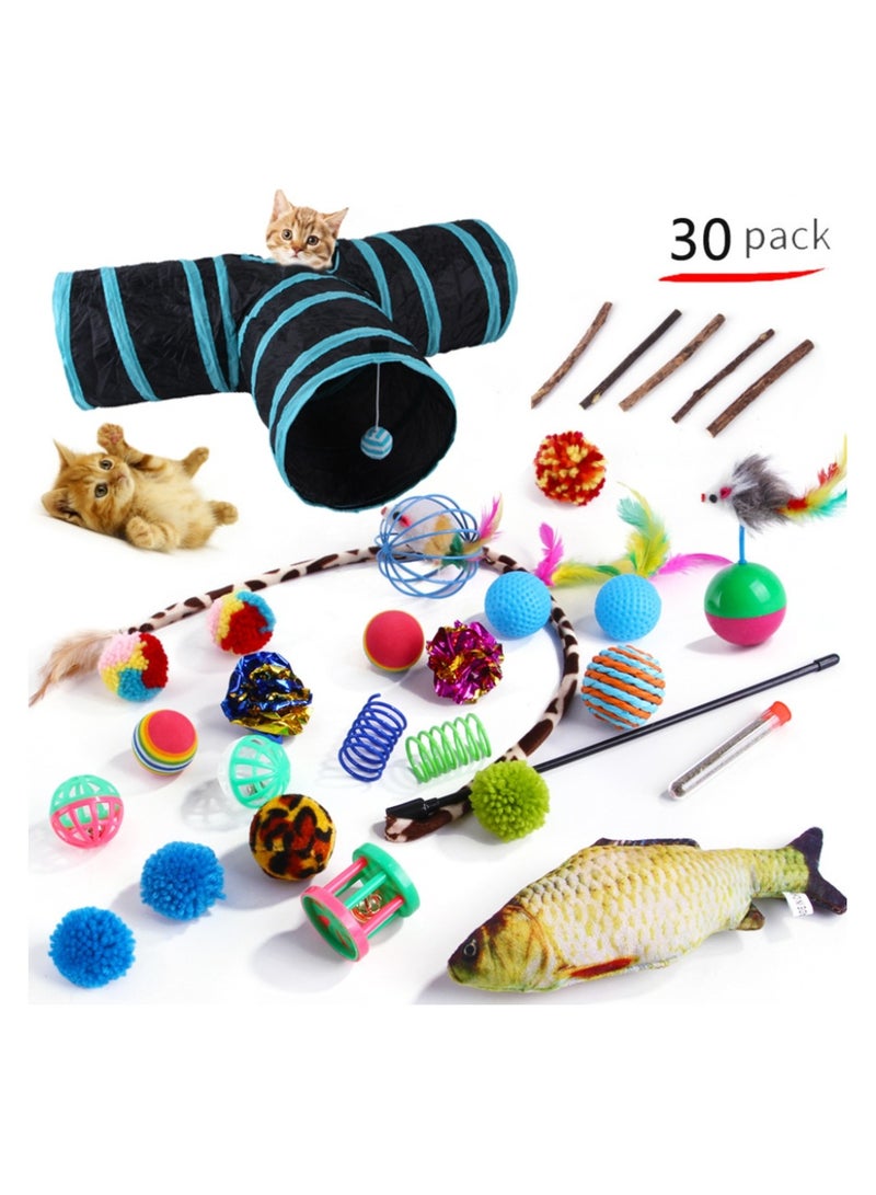 30 Pcs Cat Toys Interactive for Indoor Cats Tunnel Mouse Kitten Toys Cat Feather Teaser Wand Spring Toy - Image 1