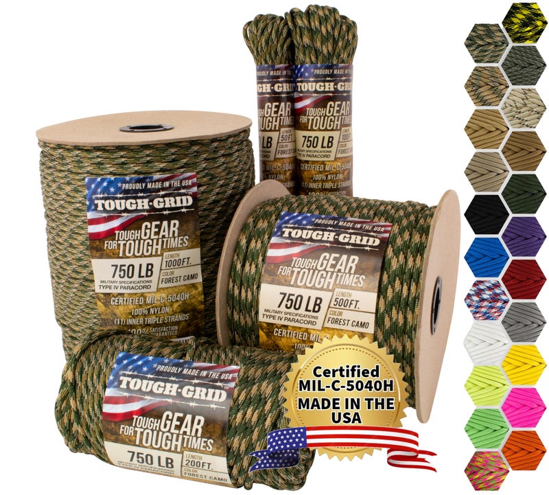 TOUGH-GRID 750 Paracord Rope Nylon Parachute Cord, Made in USA Survival Kit, Outdoor Adventures, Camping, Tactical Gear & Emergency Supplies, Military Type IV Mil-Spec - Image 1