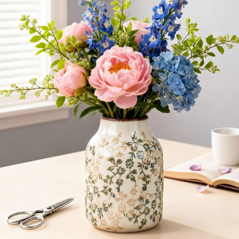 Fitous Green Vinatge Vase, Farmhouse Rustic Ceramic Flower Vase, Antique Chinoiserie Vases, Decorative Ice Cracked Large Vases for Home Decors, Living Dining Room Table, Shelf Decor, Office, 7.8 Inch - Image 1