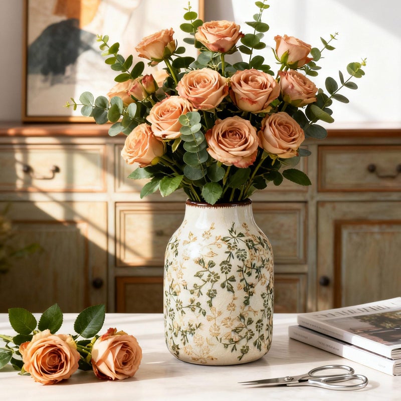 Fitous Green Vinatge Vase, Farmhouse Rustic Ceramic Flower Vase, Antique Chinoiserie Vases, Decorative Ice Cracked Large Vases for Home Decors, Living Dining Room Table, Shelf Decor, Office, 7.8 Inch - Image 2
