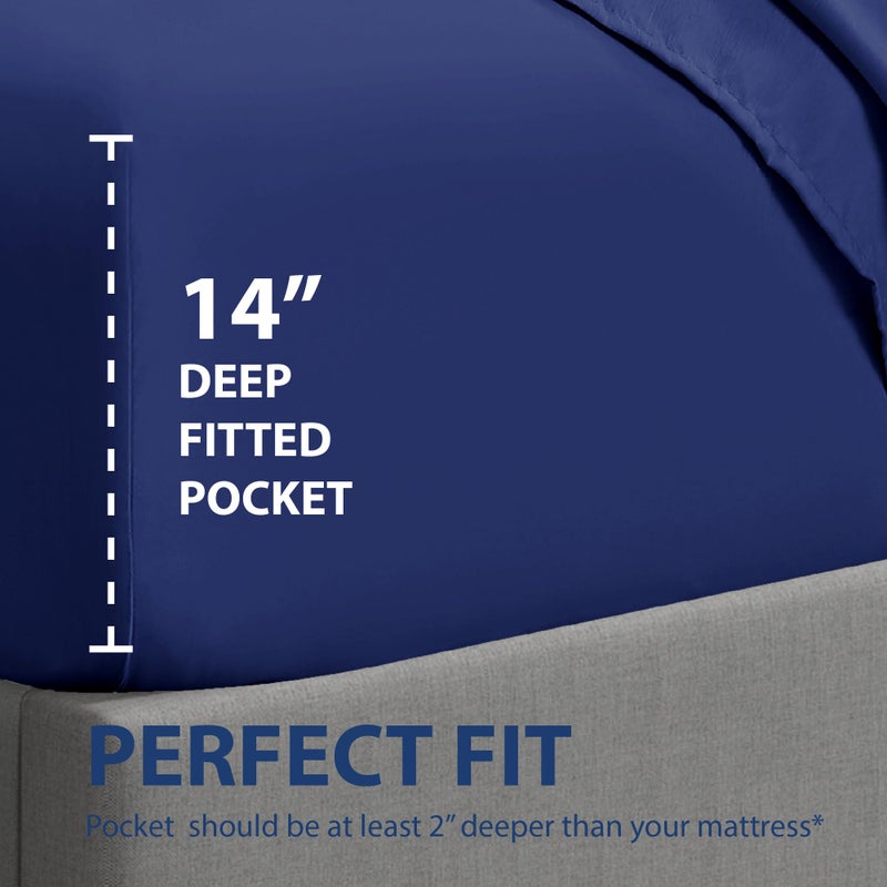 Cathay Home Luxury Wrinkle and Fade Resistant Double Brushed Ultra Soft Microfiber 14-Inch Standard Pocket Single Fitted Sheet, Royal Blue, Twin - Image 3