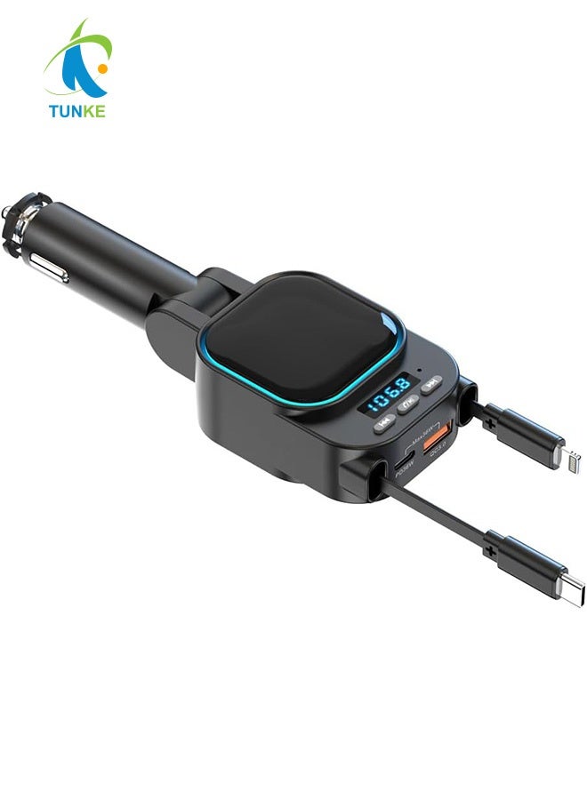 TUNKE Car Charger type c 5-in-1 Retractable 96W with Bluetooth 5.3 FM Transmitter, Dual USB-C/USB-A Fast Charging, Hands-Free Calling, 180° Adjustable Plug for iPhone 16/15/14, Samsung, All Vehicl - Image 1