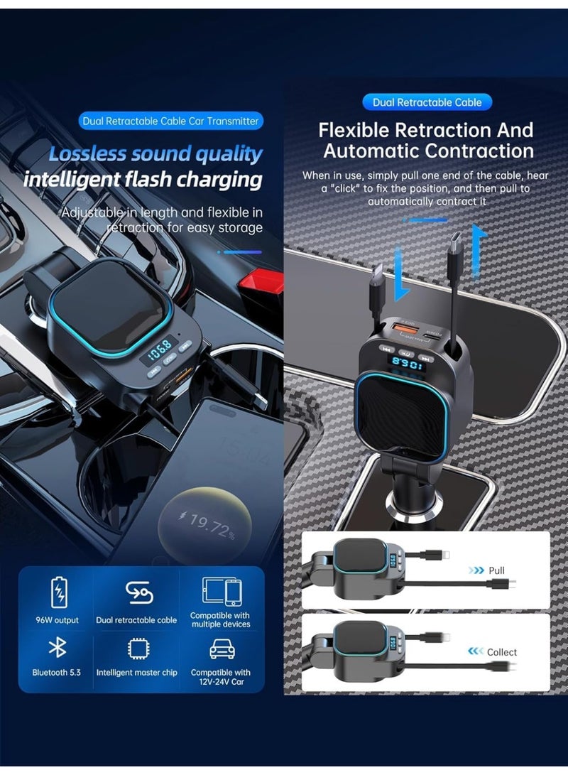 TUNKE Car Charger type c 5-in-1 Retractable 96W with Bluetooth 5.3 FM Transmitter, Dual USB-C/USB-A Fast Charging, Hands-Free Calling, 180° Adjustable Plug for iPhone 16/15/14, Samsung, All Vehicl - Image 5