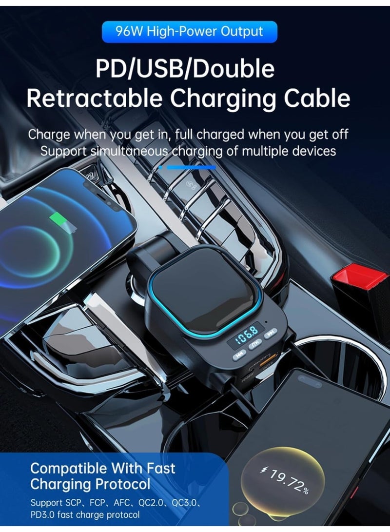 TUNKE Car Charger type c 5-in-1 Retractable 96W with Bluetooth 5.3 FM Transmitter, Dual USB-C/USB-A Fast Charging, Hands-Free Calling, 180° Adjustable Plug for iPhone 16/15/14, Samsung, All Vehicl - Image 3