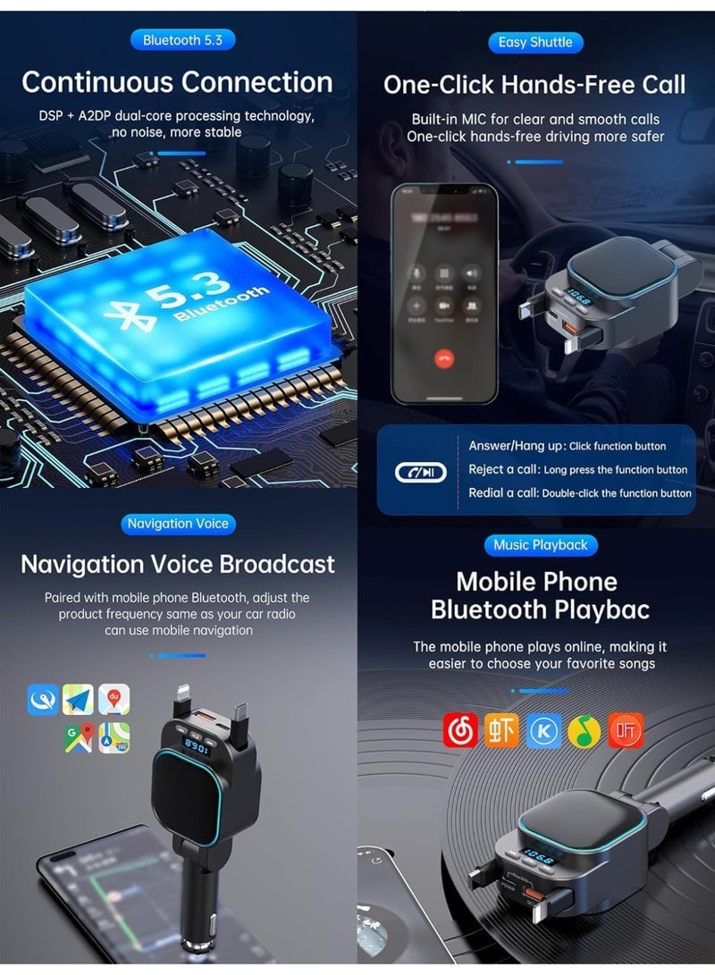 TUNKE Car Charger type c 5-in-1 Retractable 96W with Bluetooth 5.3 FM Transmitter, Dual USB-C/USB-A Fast Charging, Hands-Free Calling, 180° Adjustable Plug for iPhone 16/15/14, Samsung, All Vehicl - Image 2