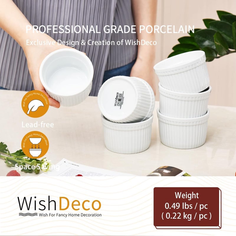 WishDeco Ramekins Set of 6, Ceramic Creme Brulee Ramekins 7 oz / 200 ml, White Dipping Sauce Dishes, Ramekin Bowls for Baking, Souffle, Custard Pudding, Cake, Oven Safe - Image 4