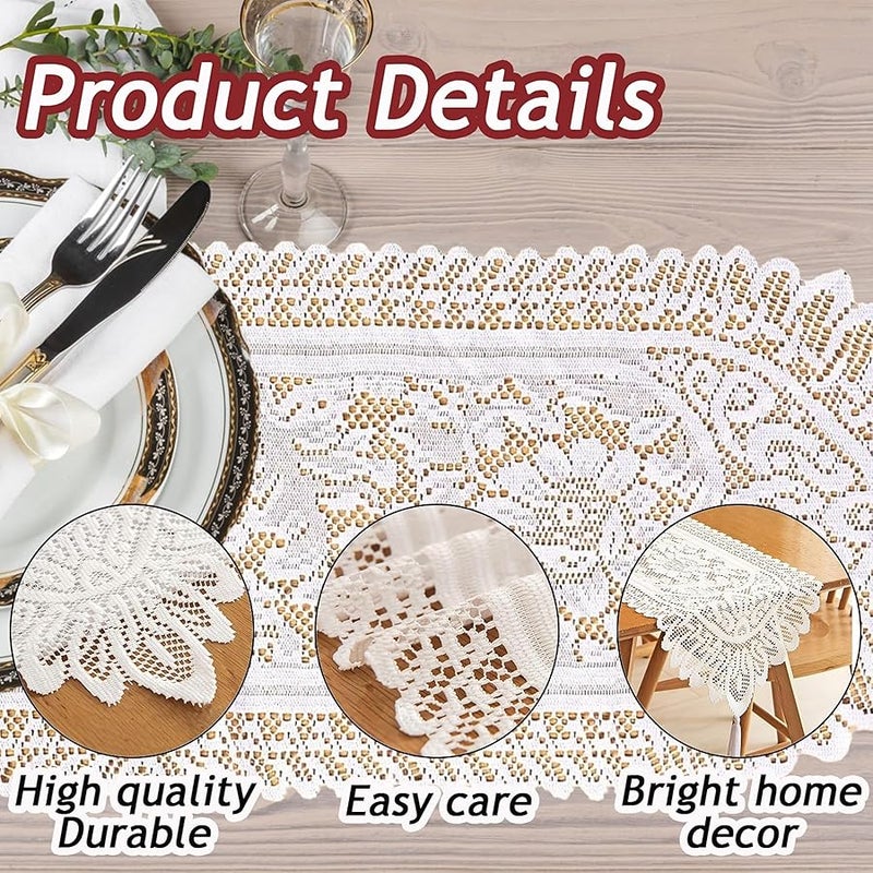 تينسو Tinsow 2 Pack Cotton Crochet Lace Rectangular Table Runner Dresser Scarf Doilies (White Style, 13 X 44) - Image 3