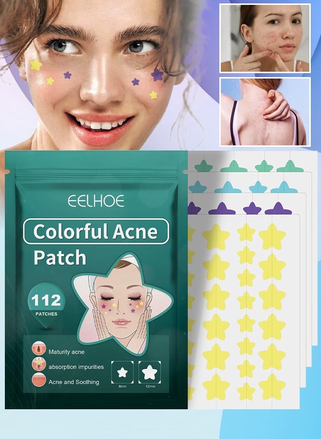 EELHOE 112 Pcs Colorful Acne Patch Star Shaped Acne Pimple Patches for Face 8mm and 12mm two Size Cute Pimple Patches Acne Stickers Cover Dot for Acne Blemish Pimples Whiteheads Zit Draw out Oil & Impurities - Image 1