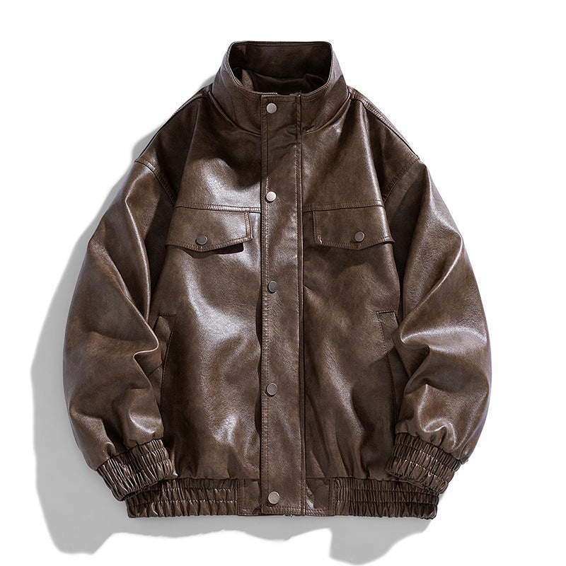 American Pu Leather Men'S Jacket New Vertical Collar Biker Clothes All-Match Fashionable Jacket Coat - Image 2