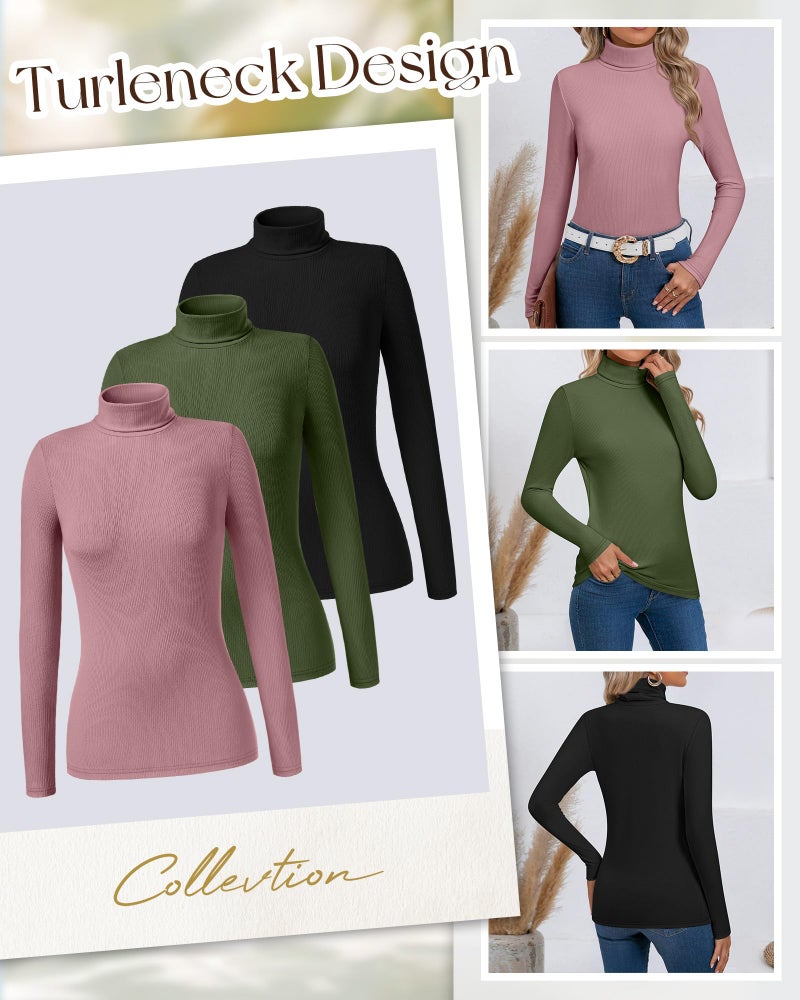 Ficerd 3 Pack Women's Ribbed Thermal Turtleneck Tops Long Sleeve Stretch Shirts Knitted Fitted Lightweight Base Layer(Small,Black, Army Green, Dusty Pink) - Image 2