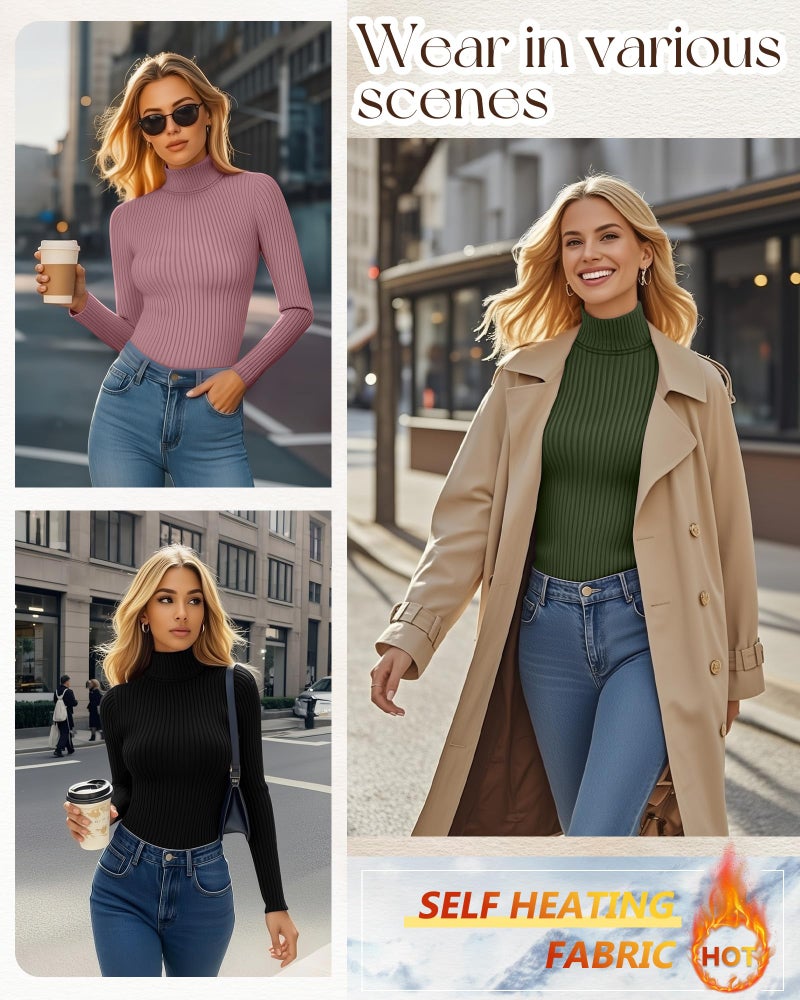 Ficerd 3 Pack Women's Ribbed Thermal Turtleneck Tops Long Sleeve Stretch Shirts Knitted Fitted Lightweight Base Layer(Small,Black, Army Green, Dusty Pink) - Image 3
