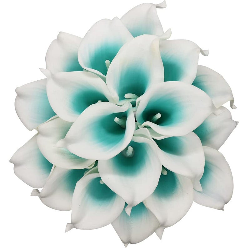 Alifst Mini 15"" Artificial Calla Lily 10 Stem Bridal Bouquets Artificial Latex Real Touch Flowers for Home Party Decor (Turquoise White)  - Image 2