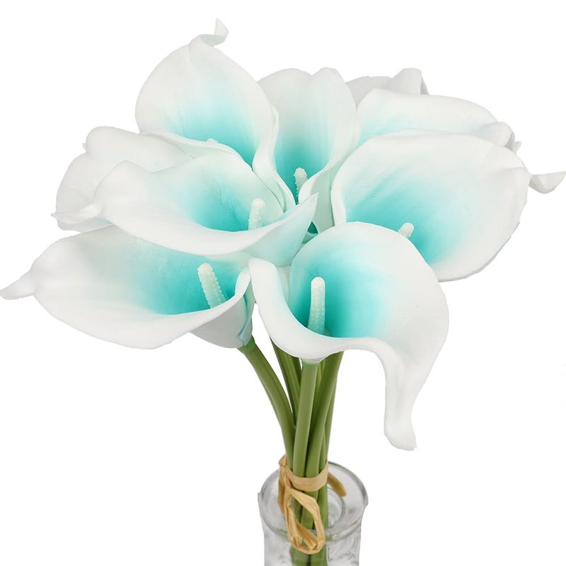 Alifst Mini 15"" Artificial Calla Lily 10 Stem Bridal Bouquets Artificial Latex Real Touch Flowers for Home Party Decor (Turquoise White)  - Image 1