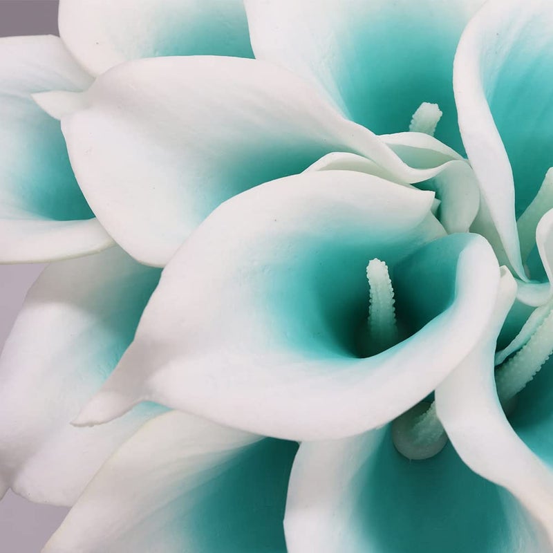 Alifst Mini 15"" Artificial Calla Lily 10 Stem Bridal Bouquets Artificial Latex Real Touch Flowers for Home Party Decor (Turquoise White)  - Image 5