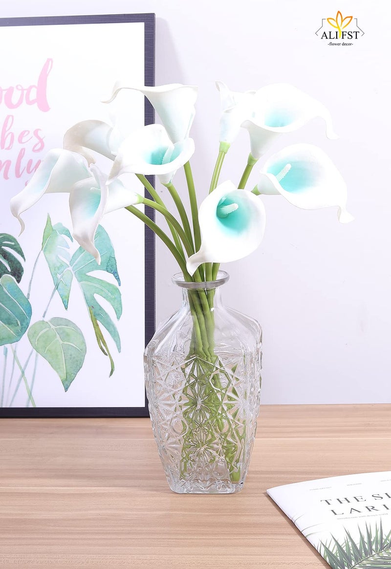 Alifst Mini 15"" Artificial Calla Lily 10 Stem Bridal Bouquets Artificial Latex Real Touch Flowers for Home Party Decor (Turquoise White)  - Image 3