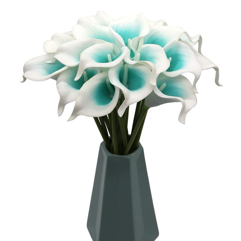 Alifst Mini 15"" Artificial Calla Lily 10 Stem Bridal Bouquets Artificial Latex Real Touch Flowers for Home Party Decor (Turquoise White)  - Image 4