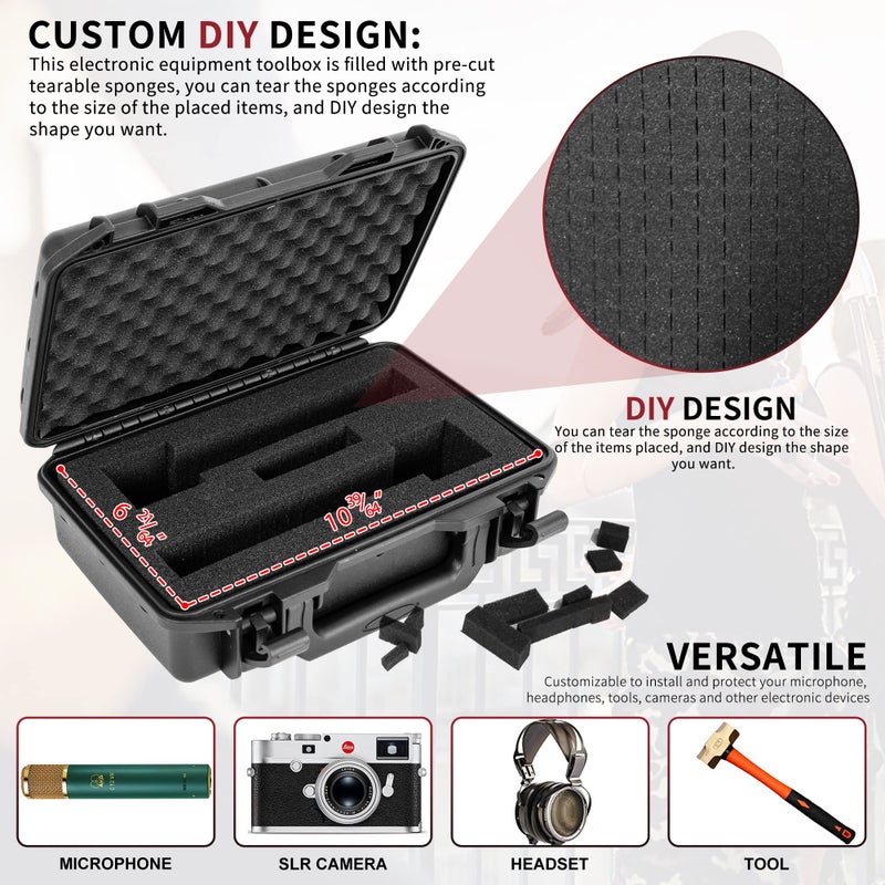 TORIBIO Wireless Microphone Case, Hard Carrying Case with Customizable Foam, Portable Storage Case, IP67 Waterproof Anti-fall Box, Equipment Protector Case for Travel Outing, 11.6"x8.1"x4", Black - Image 4