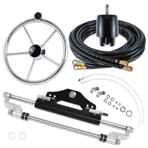 VOONKE Hydraulic Steering kit 300HP,Hydraulic Outboard Boat Steering System with Bi-Directional Locking Cylinders,26ft High Strength Nylon Hose for Single Station, Single-Engine Use - Image 1
