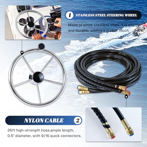 VOONKE Hydraulic Steering kit 300HP,Hydraulic Outboard Boat Steering System with Bi-Directional Locking Cylinders,26ft High Strength Nylon Hose for Single Station, Single-Engine Use - Image 5