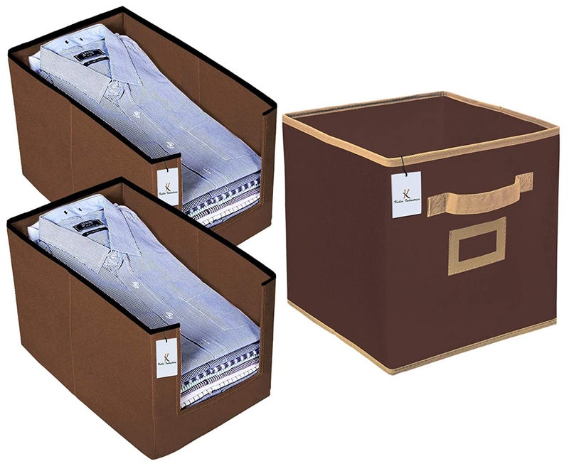 Kuber Industries Non Woven 2 Piece Shirt Stacker Wardrobe Organizer and 1 Piece Large Foldable Storage Organiser CubesBoxes Pink CTKTC038371 - Image 1