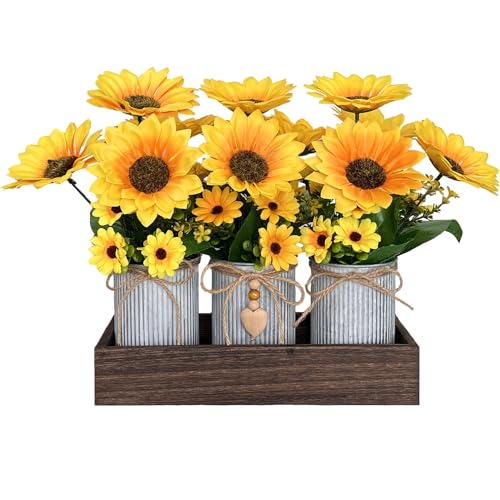 HEMYLU Sunflowers Artificial Flowers Decorations, Sunflower Table Centerpieces for Wedding, Artificial Flower Arrangement Farmhouse Décor for Dining Room, Living Room, Coffee Table, Study Desk - Image 1