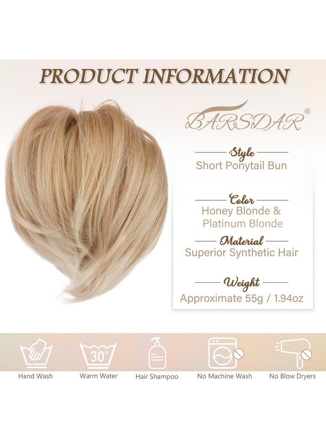BARSDAR Blonde Hair Bun Extensions - Synthetic Fully Short Straight Ponytail Hair Bun Extensions for Women, Elastic Blonde Hair Bun Scrunchies Hairpieces Girls Daily- Honey Blonde Mixed - Image 4
