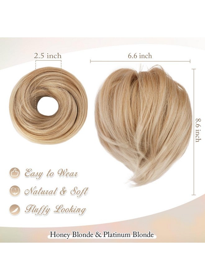BARSDAR Blonde Hair Bun Extensions - Synthetic Fully Short Straight Ponytail Hair Bun Extensions for Women, Elastic Blonde Hair Bun Scrunchies Hairpieces Girls Daily- Honey Blonde Mixed - Image 2