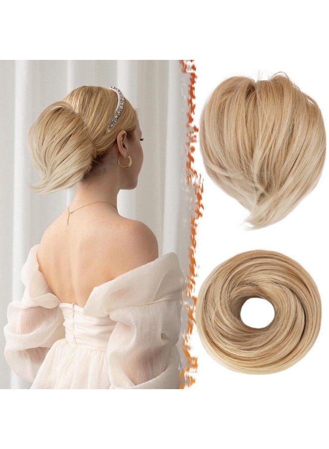 BARSDAR Blonde Hair Bun Extensions - Synthetic Fully Short Straight Ponytail Hair Bun Extensions for Women, Elastic Blonde Hair Bun Scrunchies Hairpieces Girls Daily- Honey Blonde Mixed - Image 1