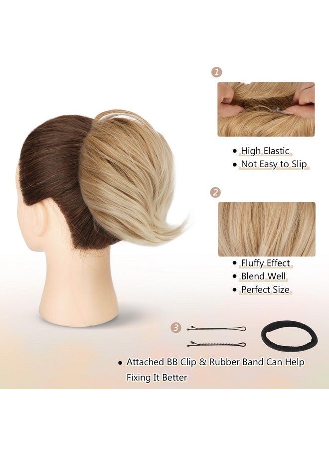BARSDAR Blonde Hair Bun Extensions - Synthetic Fully Short Straight Ponytail Hair Bun Extensions for Women, Elastic Blonde Hair Bun Scrunchies Hairpieces Girls Daily- Honey Blonde Mixed - Image 3